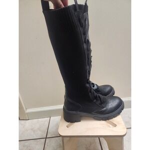Vepose Women Black Knit Sock Combat Lace Up Knee High Boots Size 6